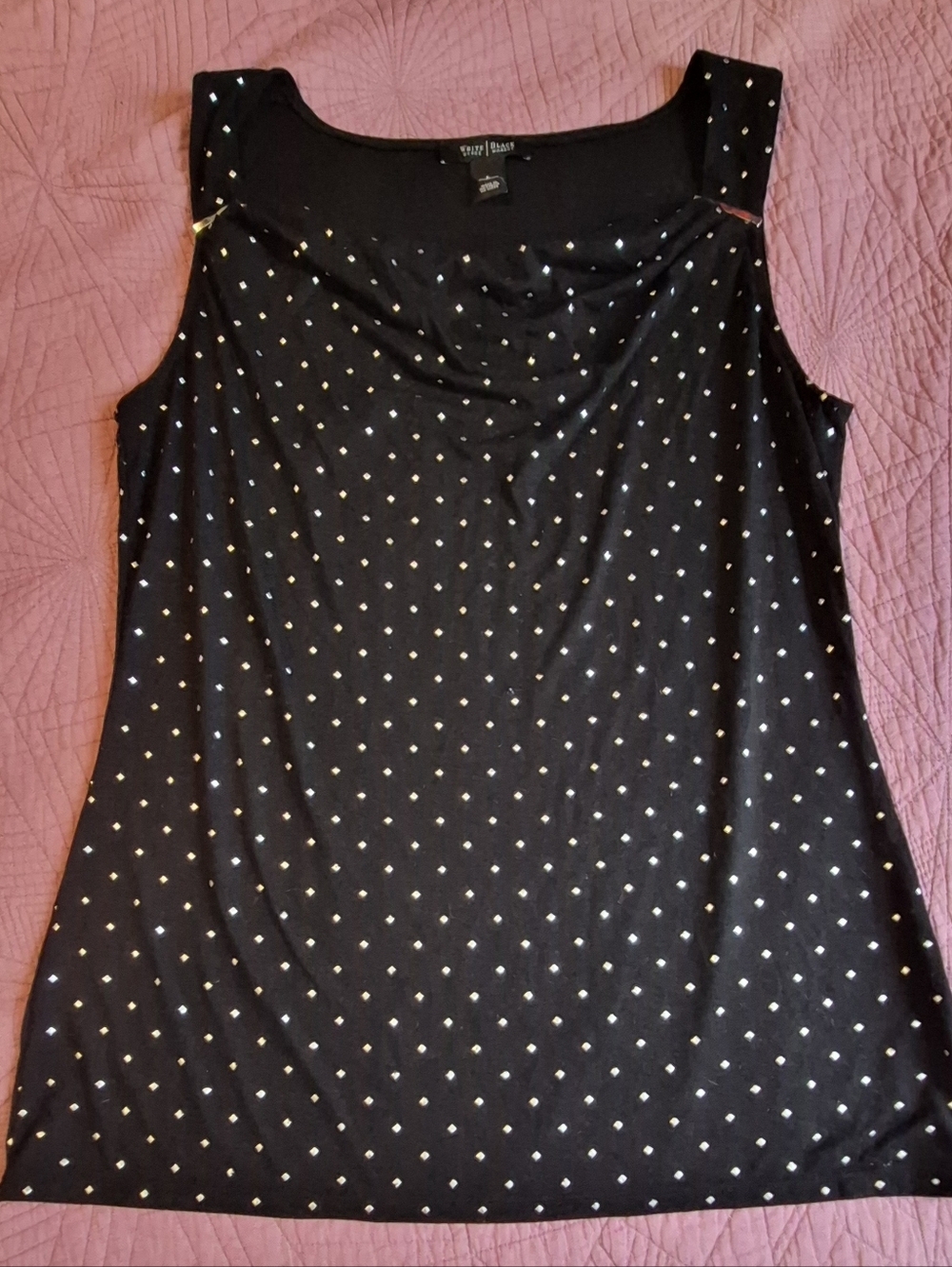 Women's Black Sleeveless Cowl Neck Tank with Metallic Dot Detail.WHBM
